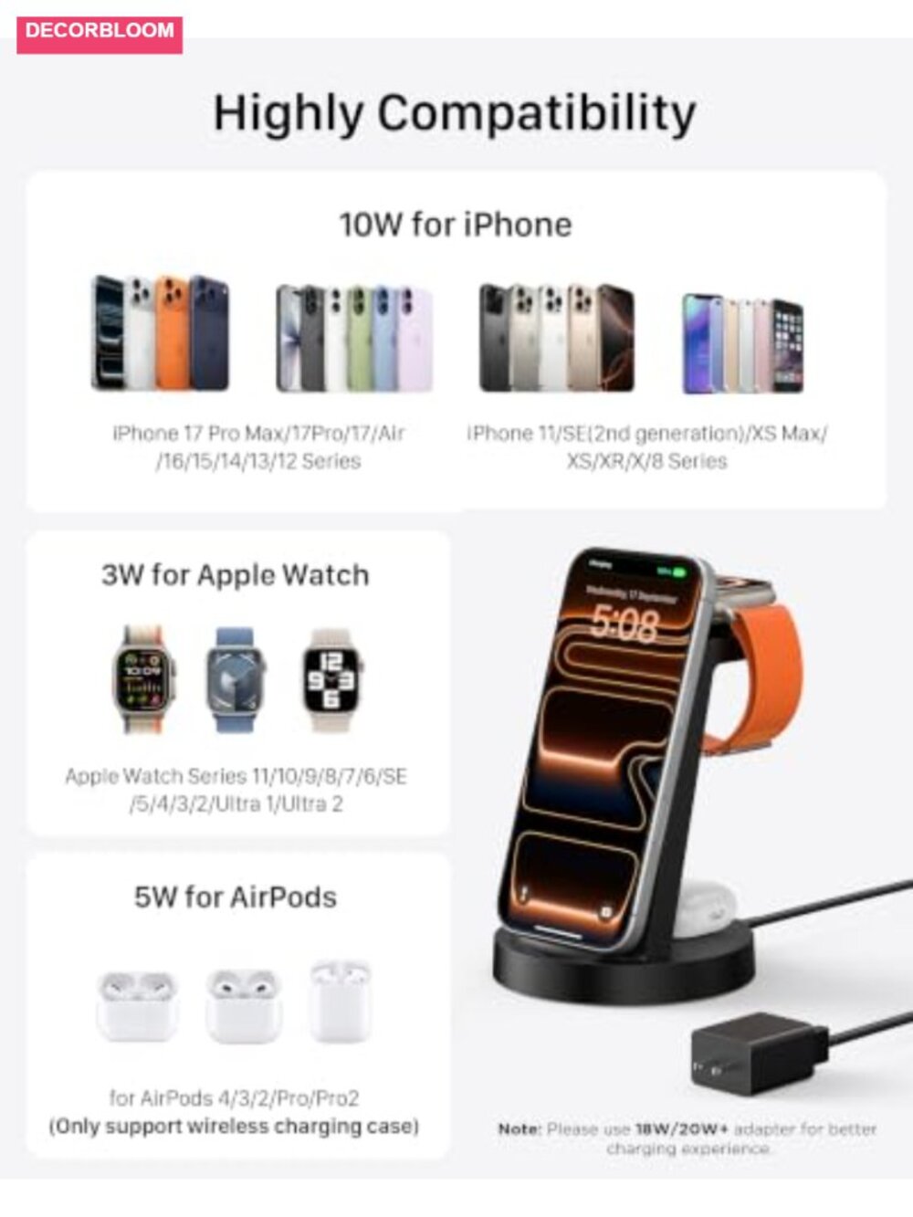 3 in 1 Wireless Charging Station for iPhone Apple Watch AirPods, Fast Charging - Picture 3 of 5